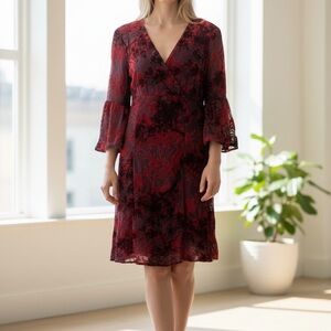 Newport News Burgundy and Black Patterned Midi Dress